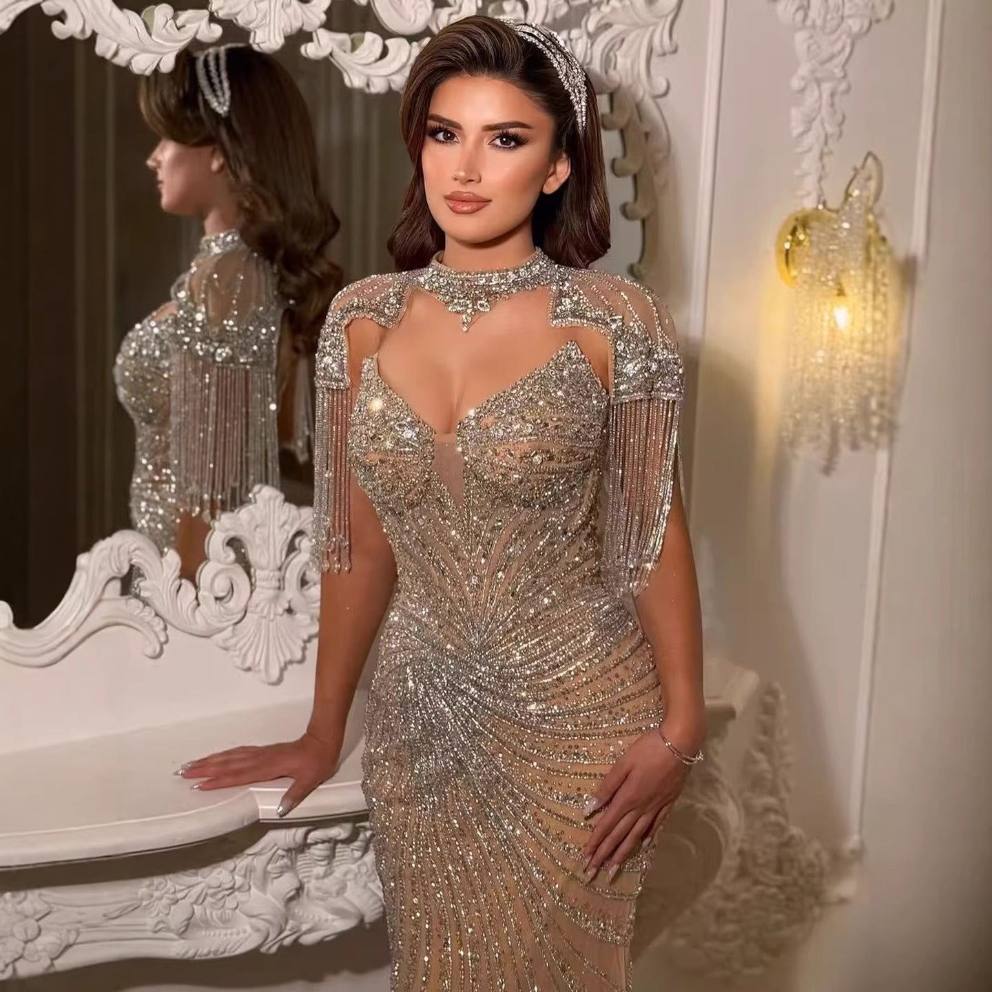 Luxury Nude Tassel Beaded Mermaid Evening Dress LA73184A