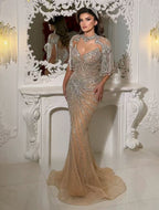 Luxury Nude Tassel Beaded Mermaid Evening Dress LA73184A