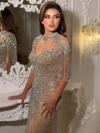Luxury Nude Tassel Beaded Mermaid Evening Dress LA73184A