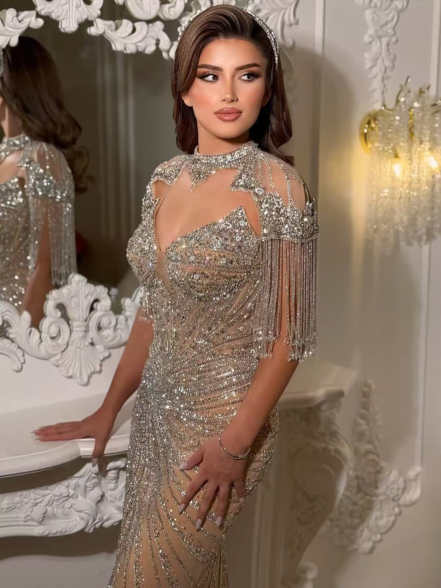 Luxury Nude Tassel Beaded Mermaid Evening Dress LA73184A