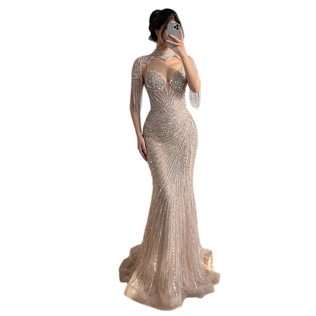 Luxury Nude Beaded Tassel Mermaid Evening Dress CLA73184A