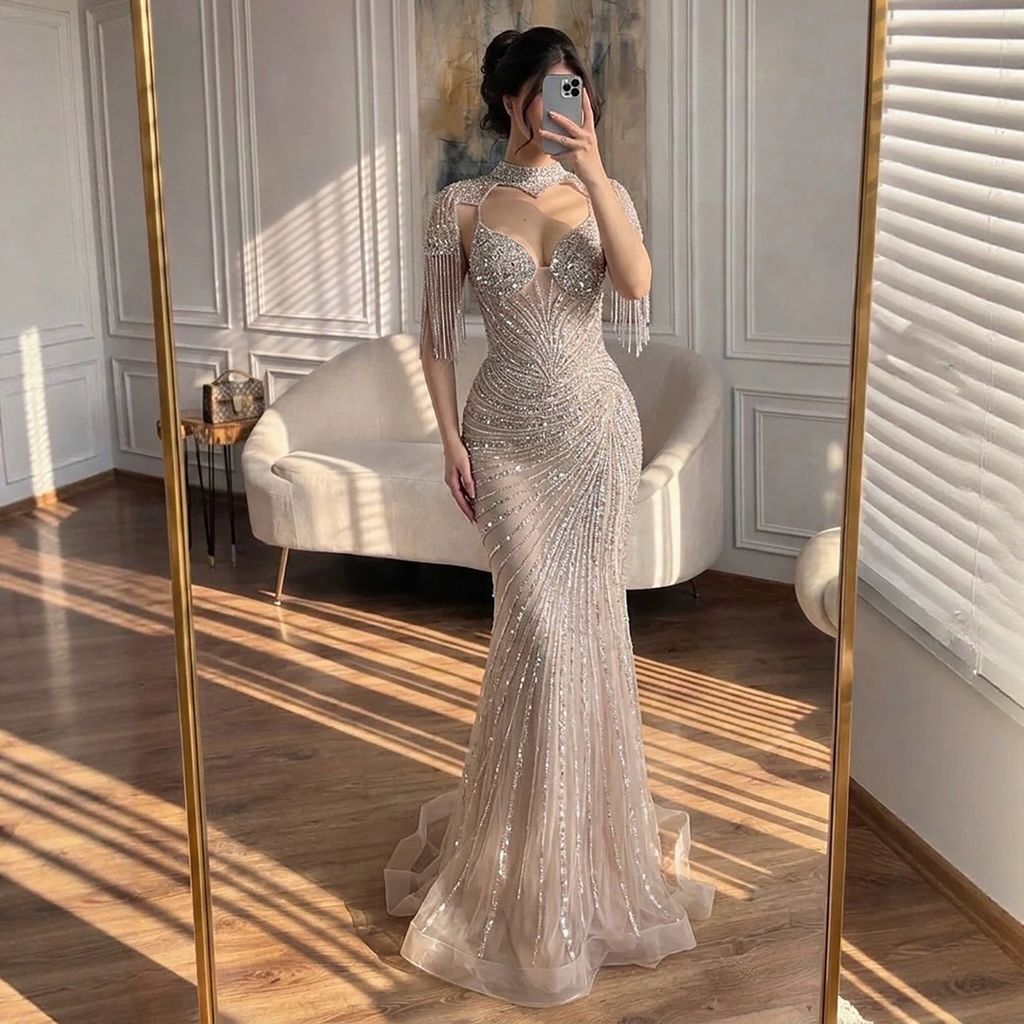 Luxury Nude Beaded Tassel Mermaid Evening Dress CLA73184A