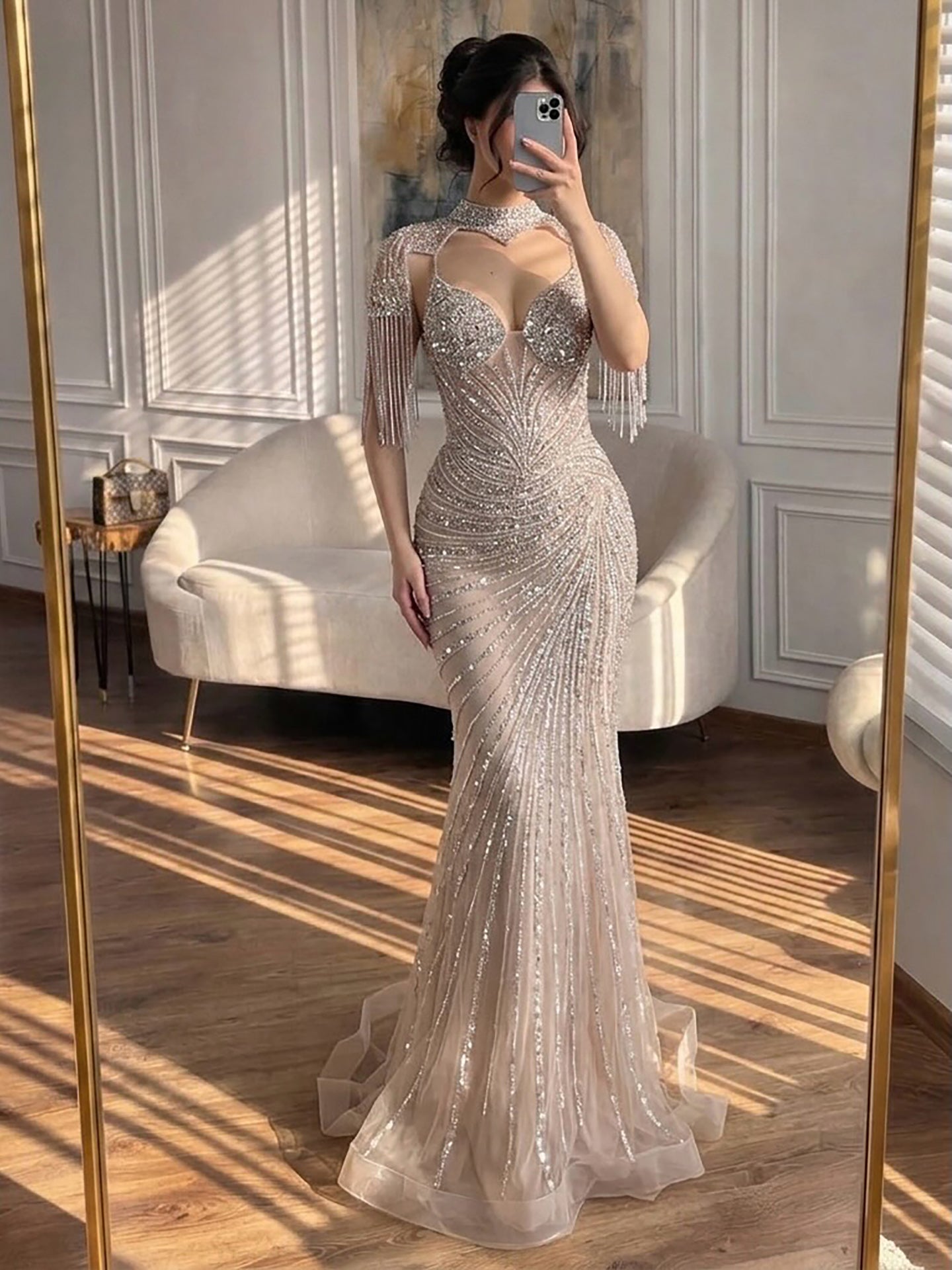 Luxury Nude Beaded Tassel Mermaid Evening Dress CLA73184A