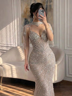 Luxury Nude Tassel Beaded Mermaid Evening Dress CLA73184A