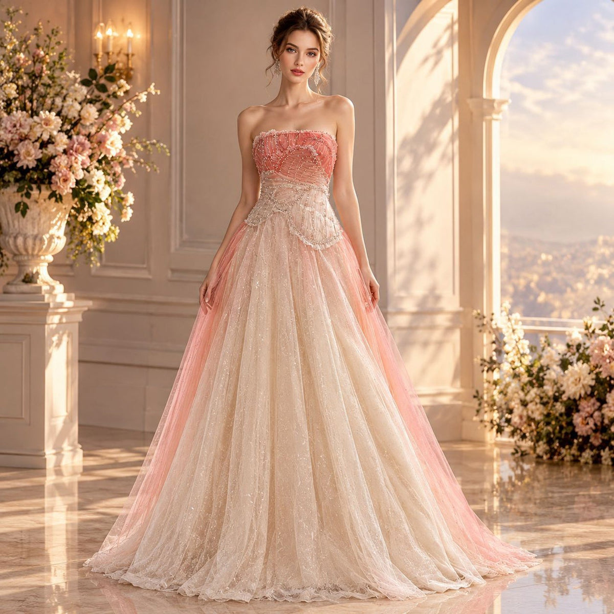 Romantic Peach Beaded Strapless Prom Dress LA73185A