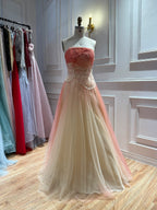 Romantic Peach Beaded Strapless Prom Dress LA73185A