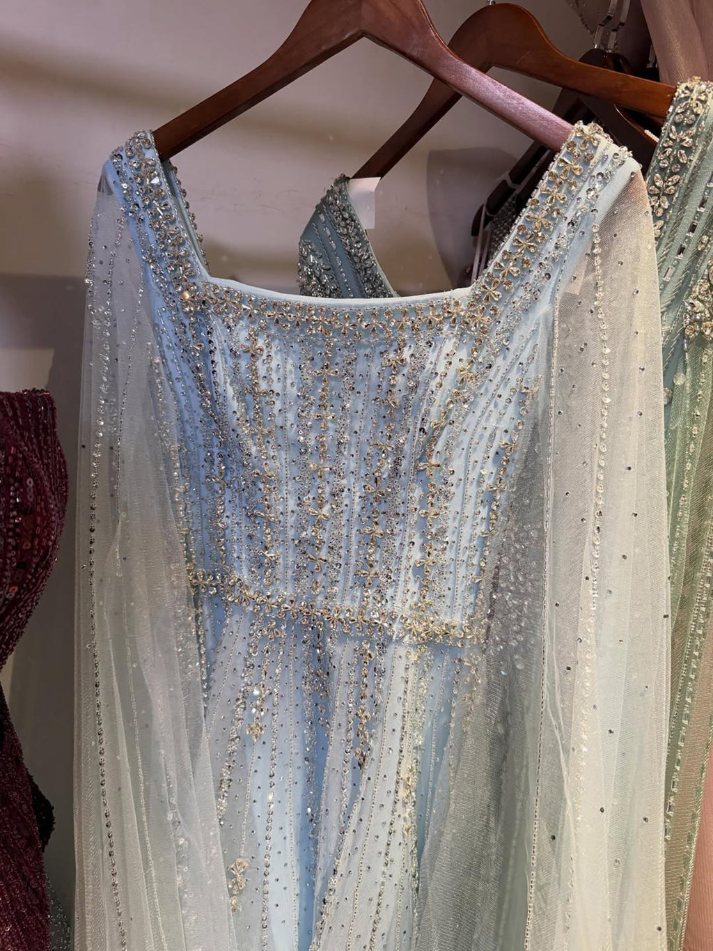 Luxury Blue Square Neck Beaded A Line Evening Gown with Cape CLA73188A