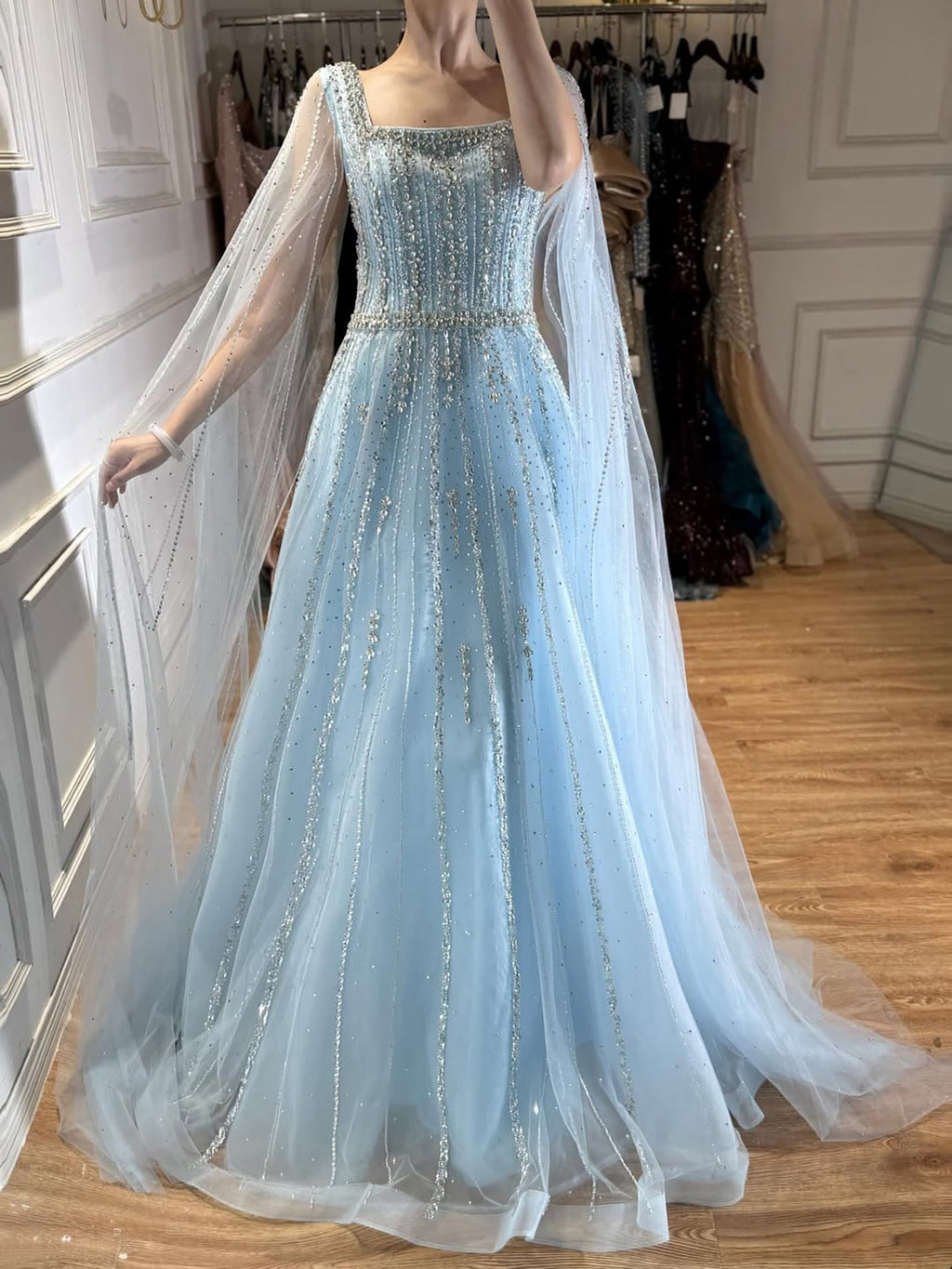 Luxury Blue Square Neck Beaded A Line Evening Gown with Cape CLA73188A
