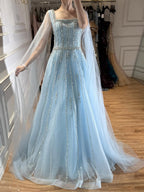 Luxury Blue Square Neck Beaded A Line Evening Gown with Cape CLA73188A