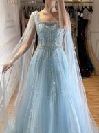 Luxury Blue Square Neck Beaded A Line Evening Gown with Cape CLA73188A