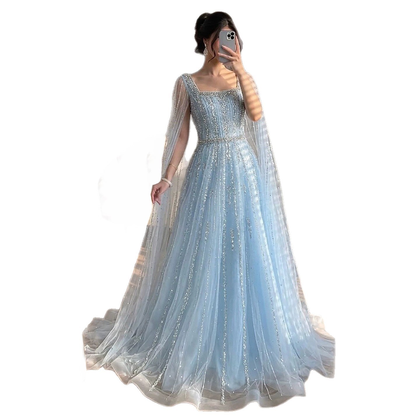 Luxury Blue Square Neck Beaded A Line Evening Gown with Cape CLA73188A