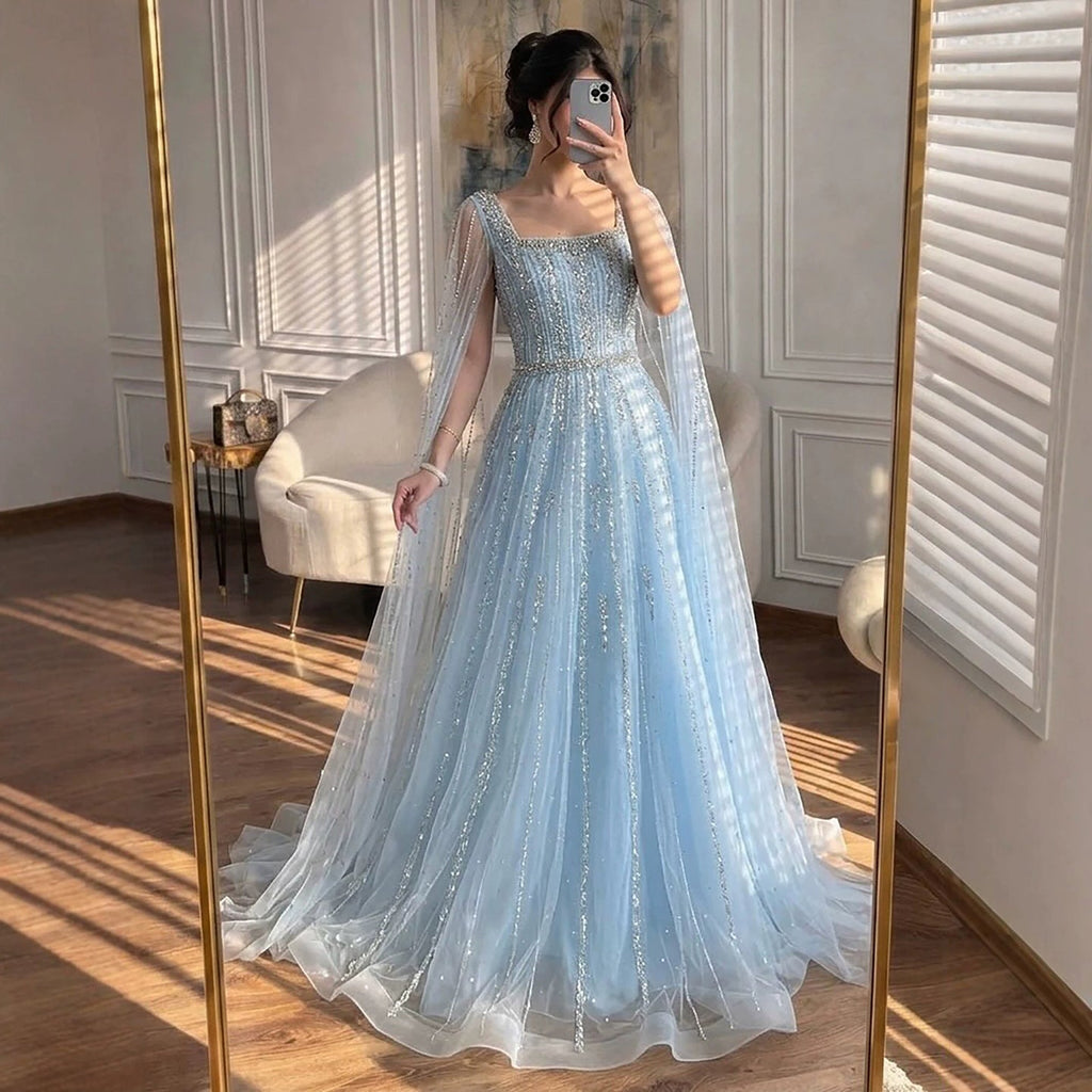 Luxury Blue Square Neck Beaded A Line Evening Gown with Cape CLA73188A