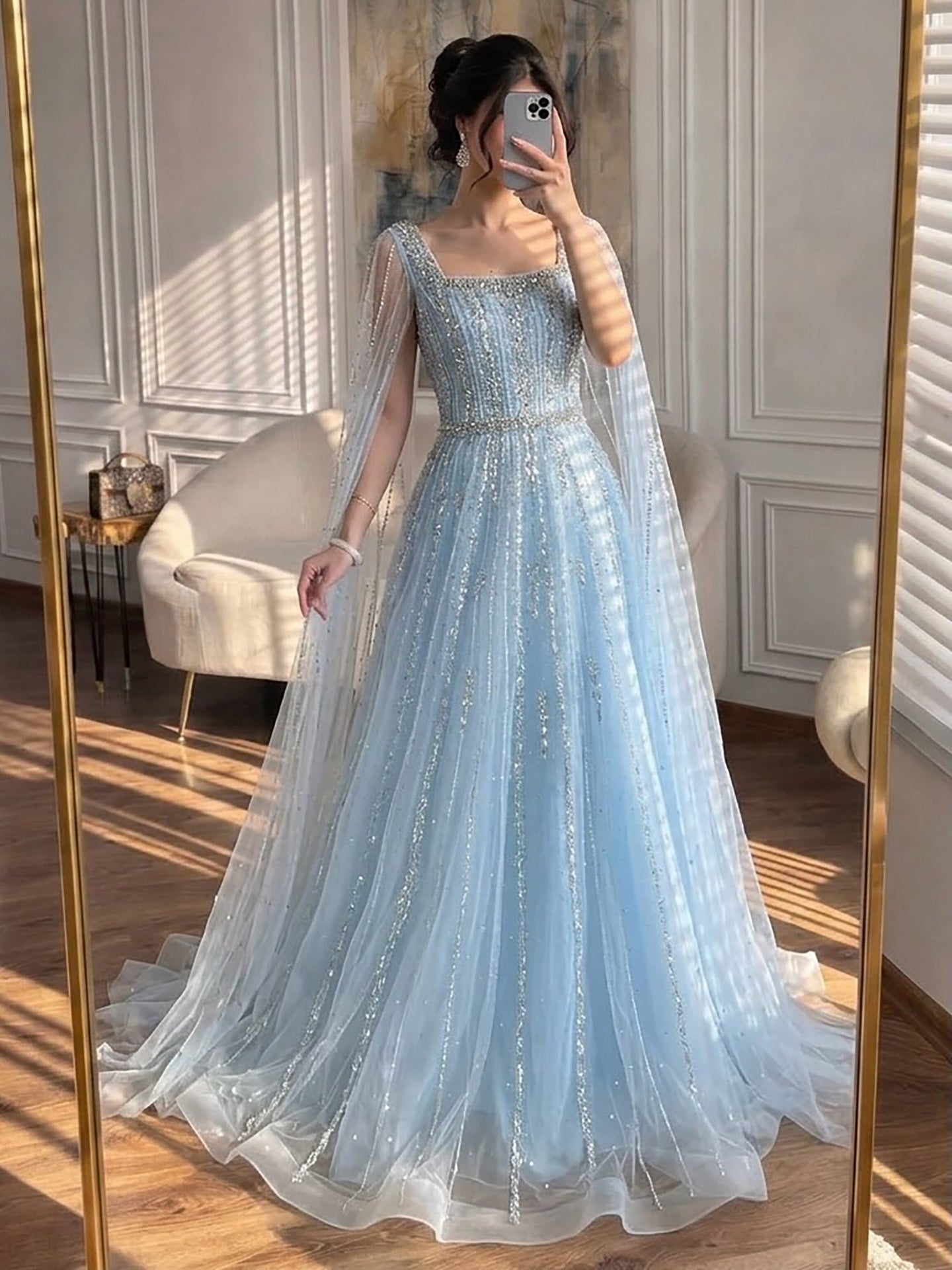 Luxury Blue Square Neck Beaded A Line Evening Gown with Cape CLA73188A