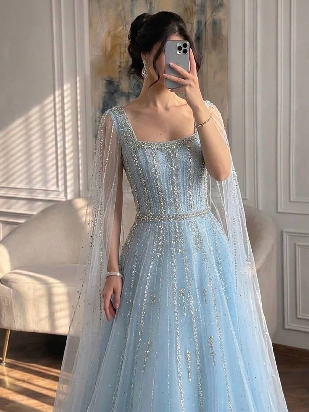 Luxury Blue Square Neck Beaded A Line Evening Gown with Cape CLA73188A