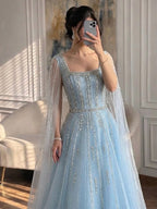 Luxury Blue Square Neck Beaded A Line Evening Gown with Cape CLA73188A