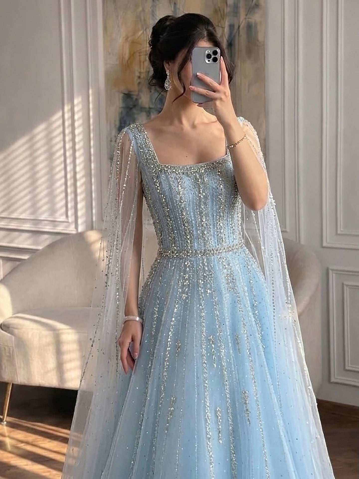 Luxury Blue Square Neck Beaded A Line Evening Gown with Cape CLA73188A