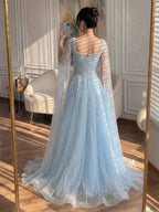 Luxury Blue Square Neck Beaded A Line Evening Gown with Cape CLA73188A