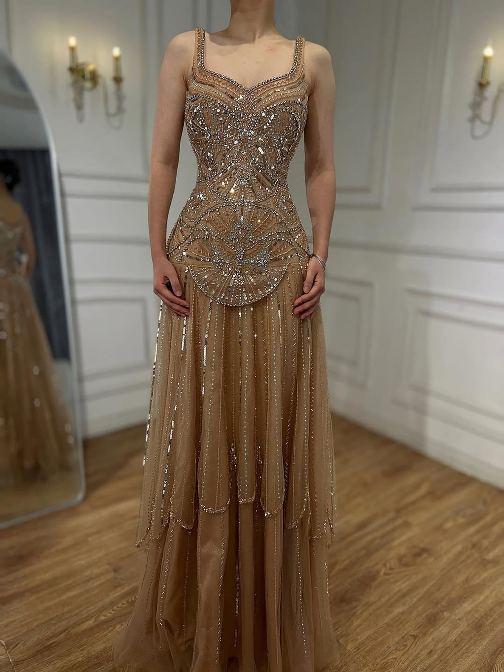Lebanon Rose Gold Luxury Beaded A-Line Sleeveless Evening Dress CLA73189