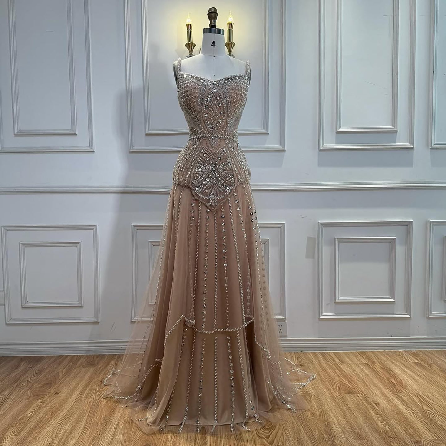 Arabic Luxury Nude Beaded A-Line Evening Dress For Women Party CLA73189A