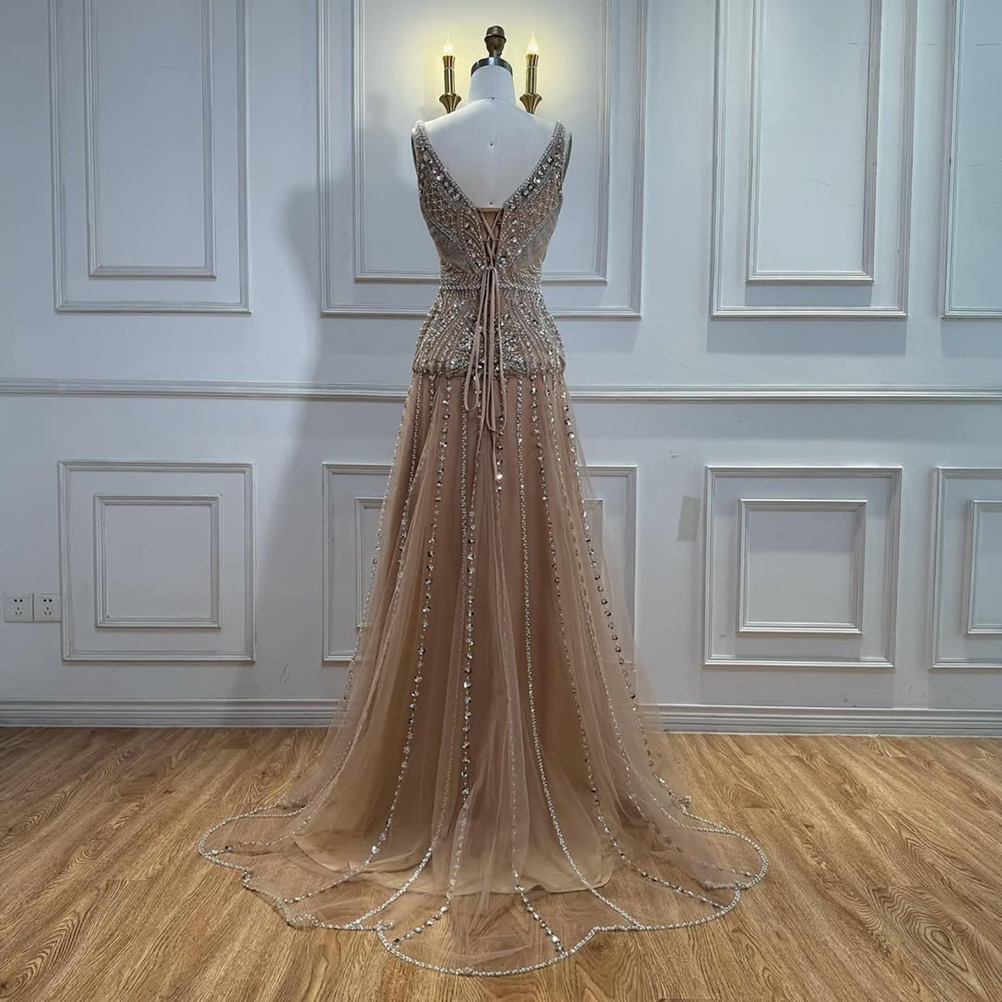 Arabic Luxury Nude Beaded A-Line Evening Dress For Women Party CLA73189A