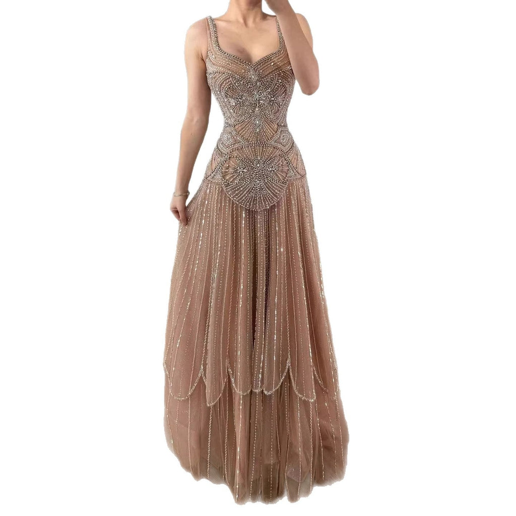 Luxury Nude Spaghetti Strap Beaded A-Line Evening Dress LA73189C