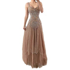 Luxury Nude Spaghetti Strap Beaded A-Line Evening Dress LA73189C