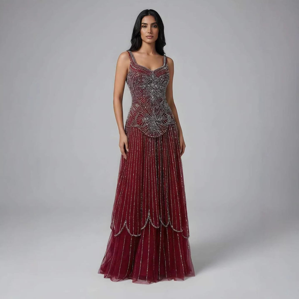 Luxury Nude Spaghetti Strap Beaded A-Line Evening Dress LA73189C