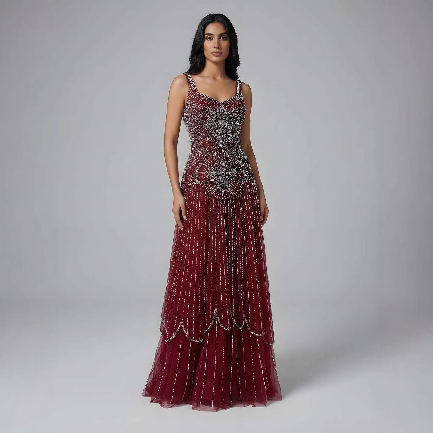 Luxury Nude Spaghetti Strap Beaded A-Line Evening Dress LA73189C