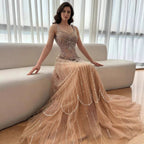 Luxury Nude Spaghetti Strap Beaded A-Line Evening Dress LA73189C