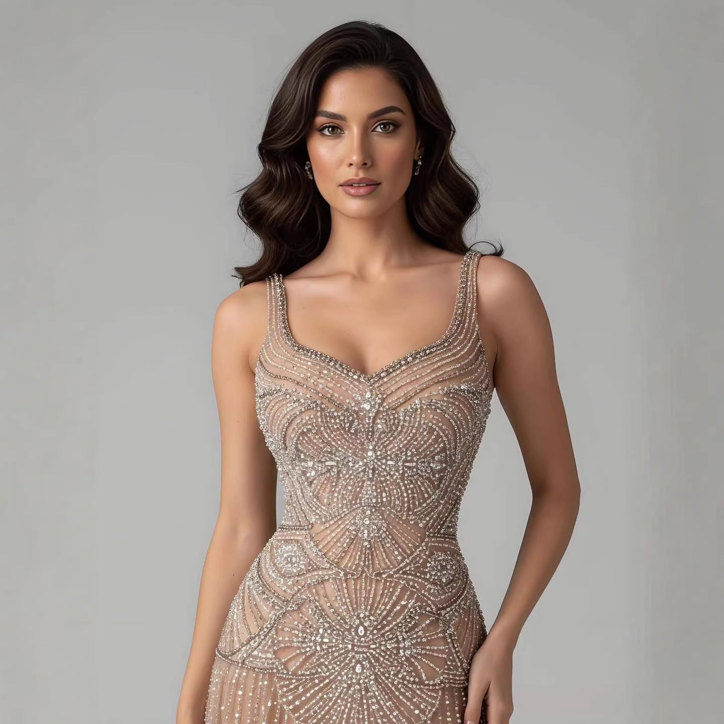 Luxury Nude Spaghetti Strap Beaded A-Line Evening Dress LA73189C