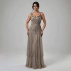 Luxury Nude Spaghetti Strap Beaded A-Line Evening Dress LA73189C