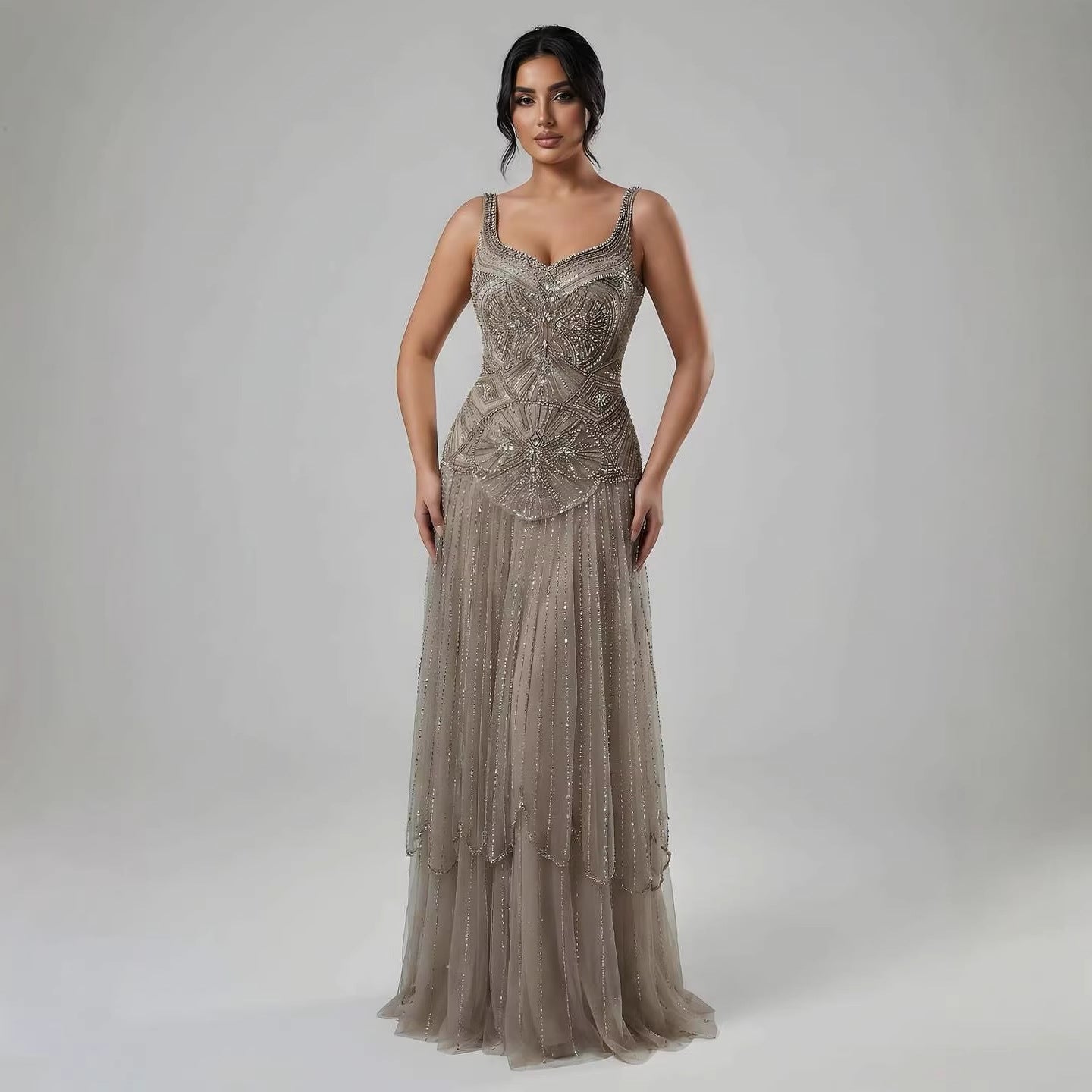 Luxury Nude Spaghetti Strap Beaded A-Line Evening Dress LA73189C