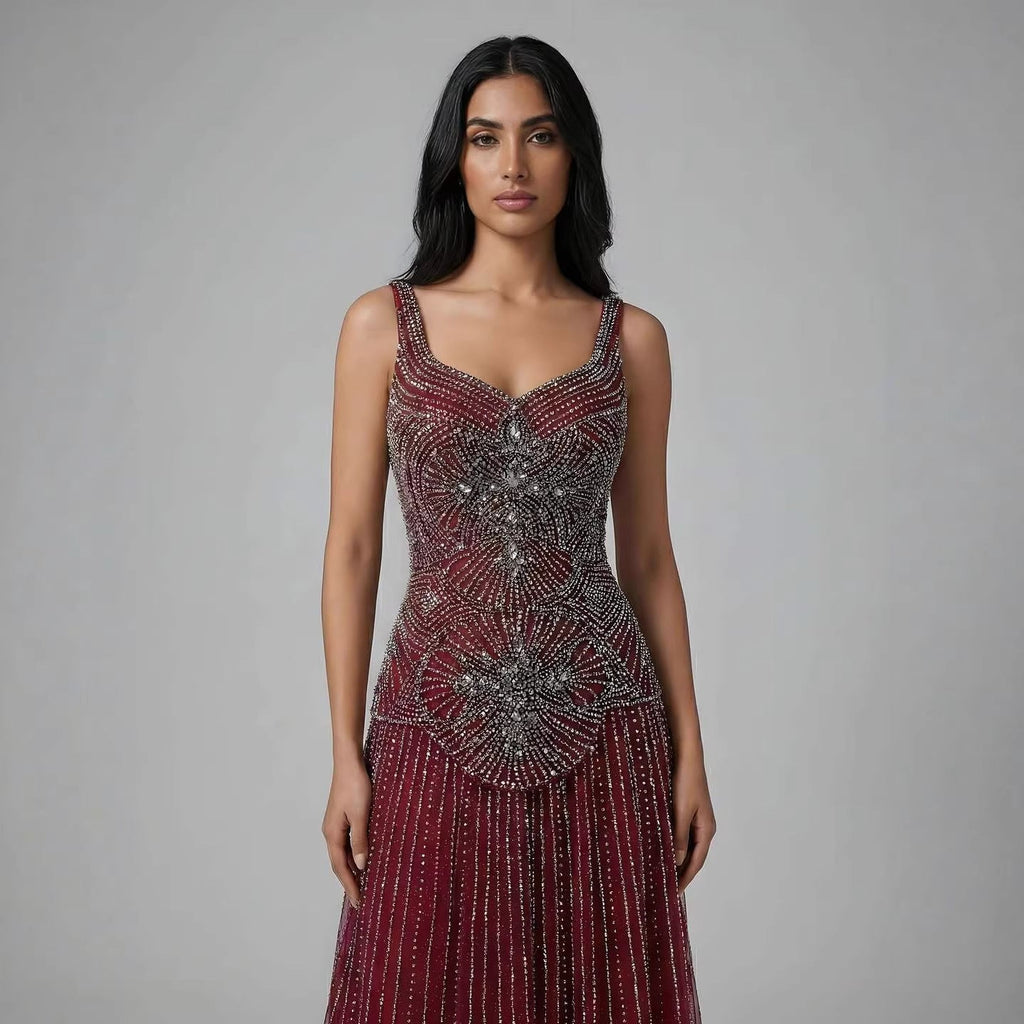 Luxury Nude Spaghetti Strap Beaded A-Line Evening Dress LA73189C