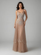 Luxury Nude Spaghetti Strap Beaded A-Line Evening Dress LA73189C