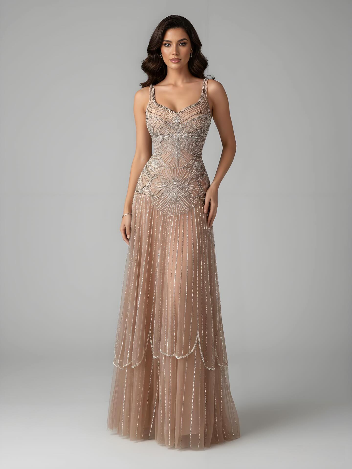 Luxury Nude Spaghetti Strap Beaded A-Line Evening Dress LA73189C