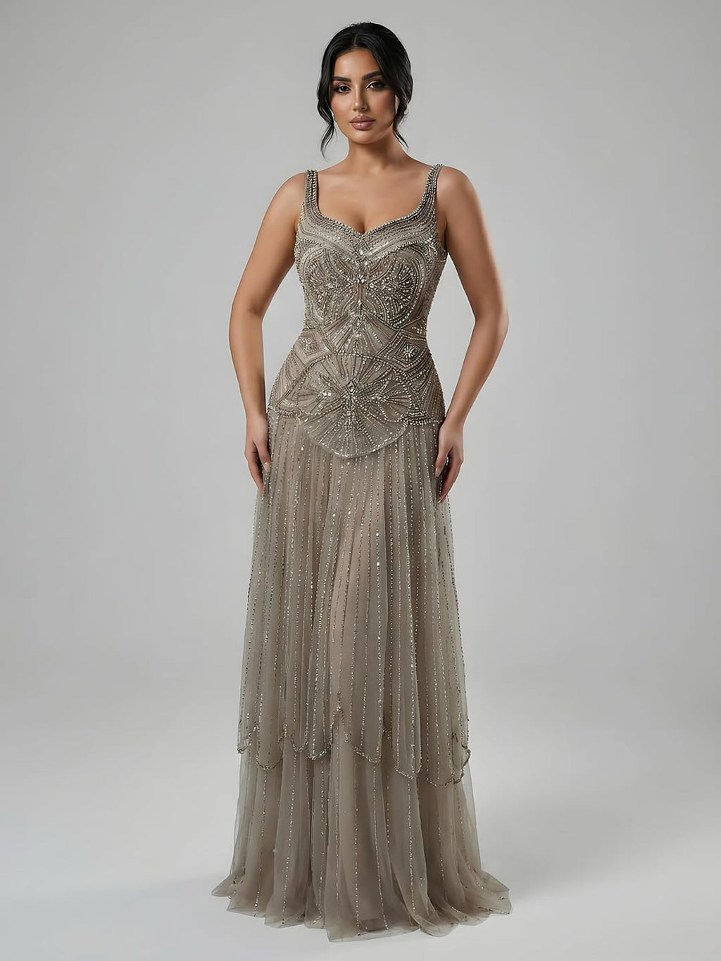 Luxury Nude Spaghetti Strap Beaded A-Line Evening Dress LA73189C