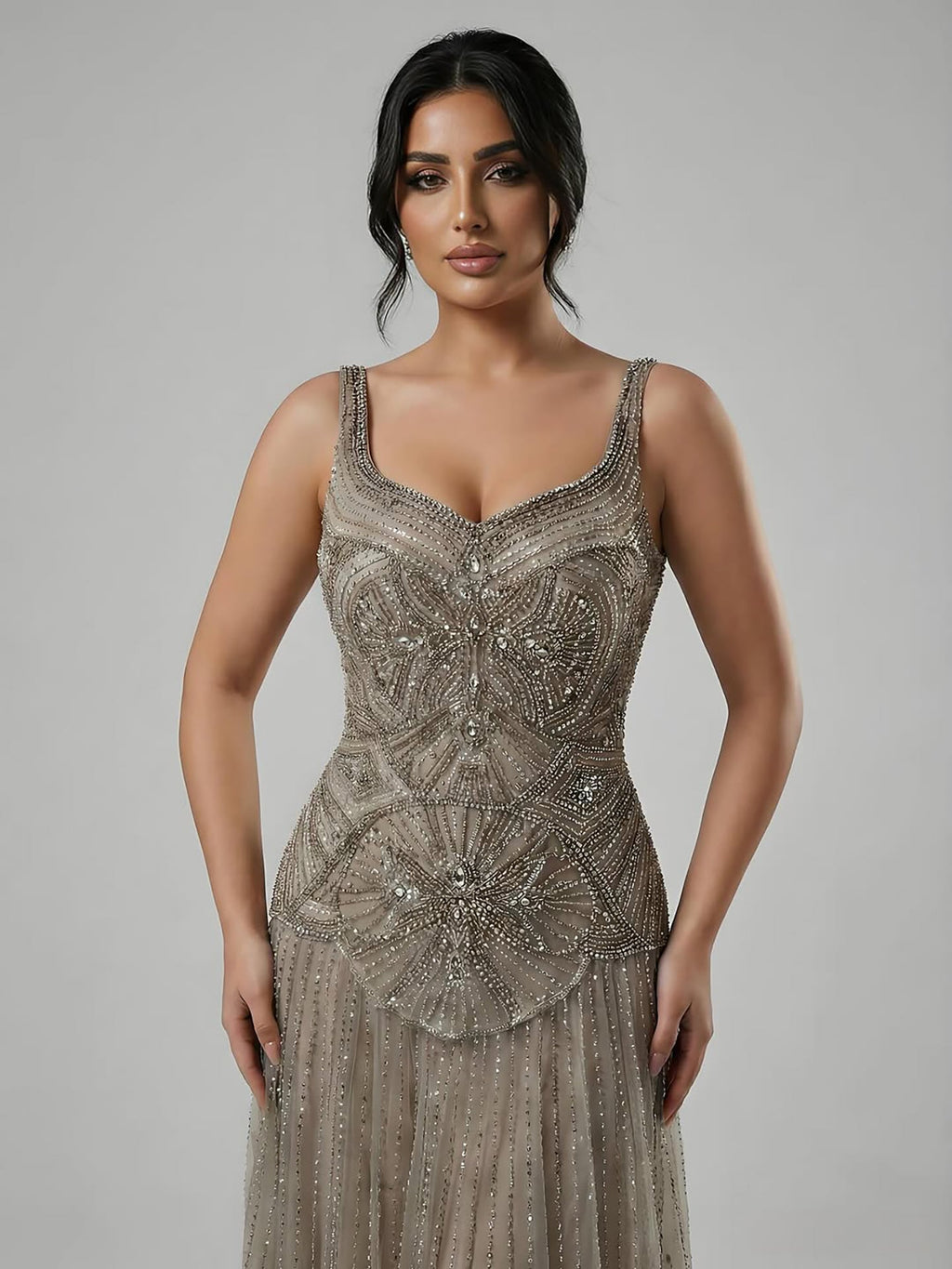 Luxury Nude Spaghetti Strap Beaded A-Line Evening Dress LA73189C