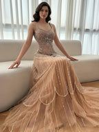 Luxury Nude Spaghetti Strap Beaded A-Line Evening Dress LA73189C
