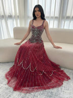 Luxury Nude Spaghetti Strap Beaded A-Line Evening Dress LA73189C