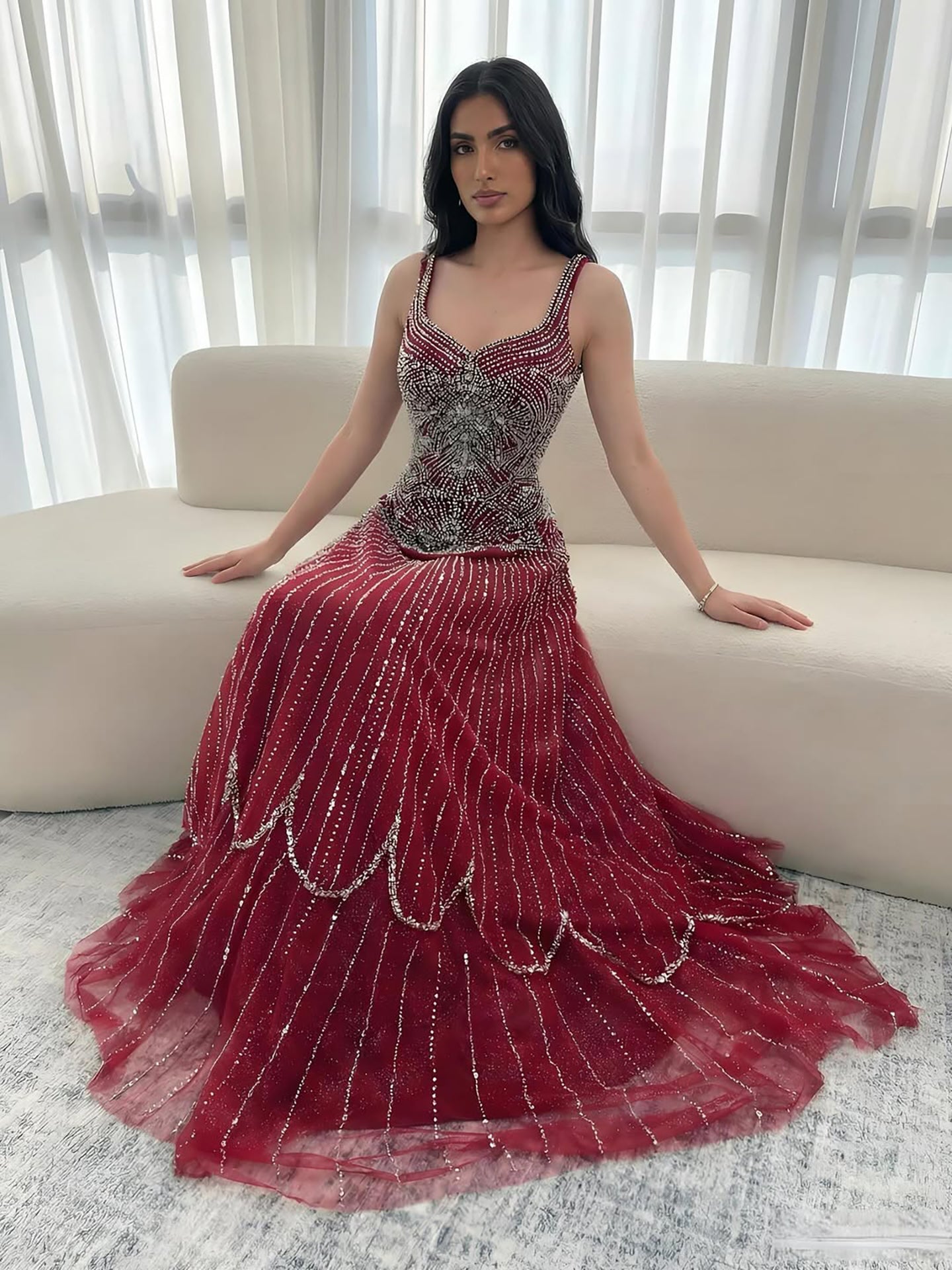 Luxury Nude Spaghetti Strap Beaded A-Line Evening Dress LA73189C