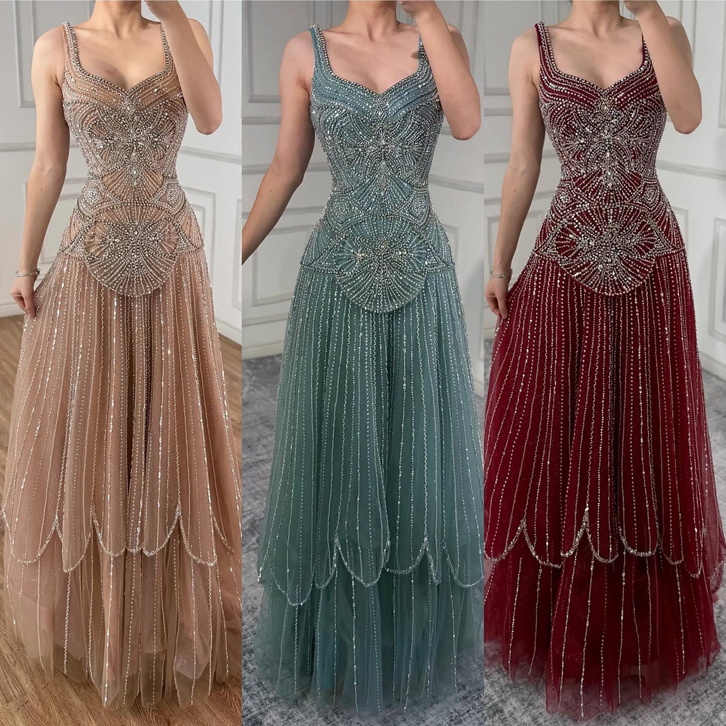 Luxury Nude Spaghetti Strap Beaded A-Line Evening Dress LA73189C