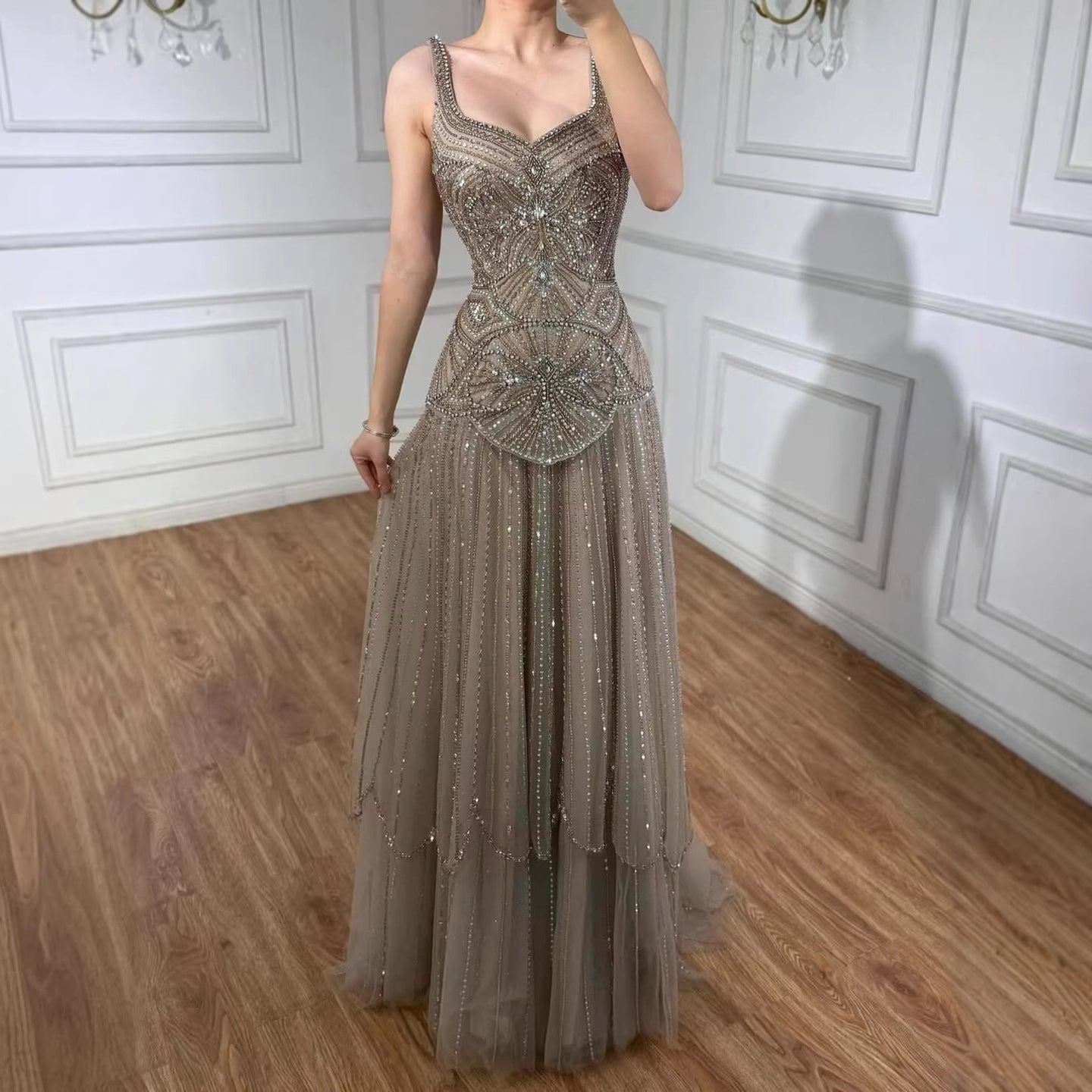 Luxury Nude Spaghetti Strap Beaded A-Line Evening Dress LA73189C