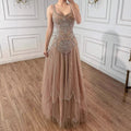 Luxury Nude Spaghetti Strap Beaded A-Line Evening Dress LA73189C