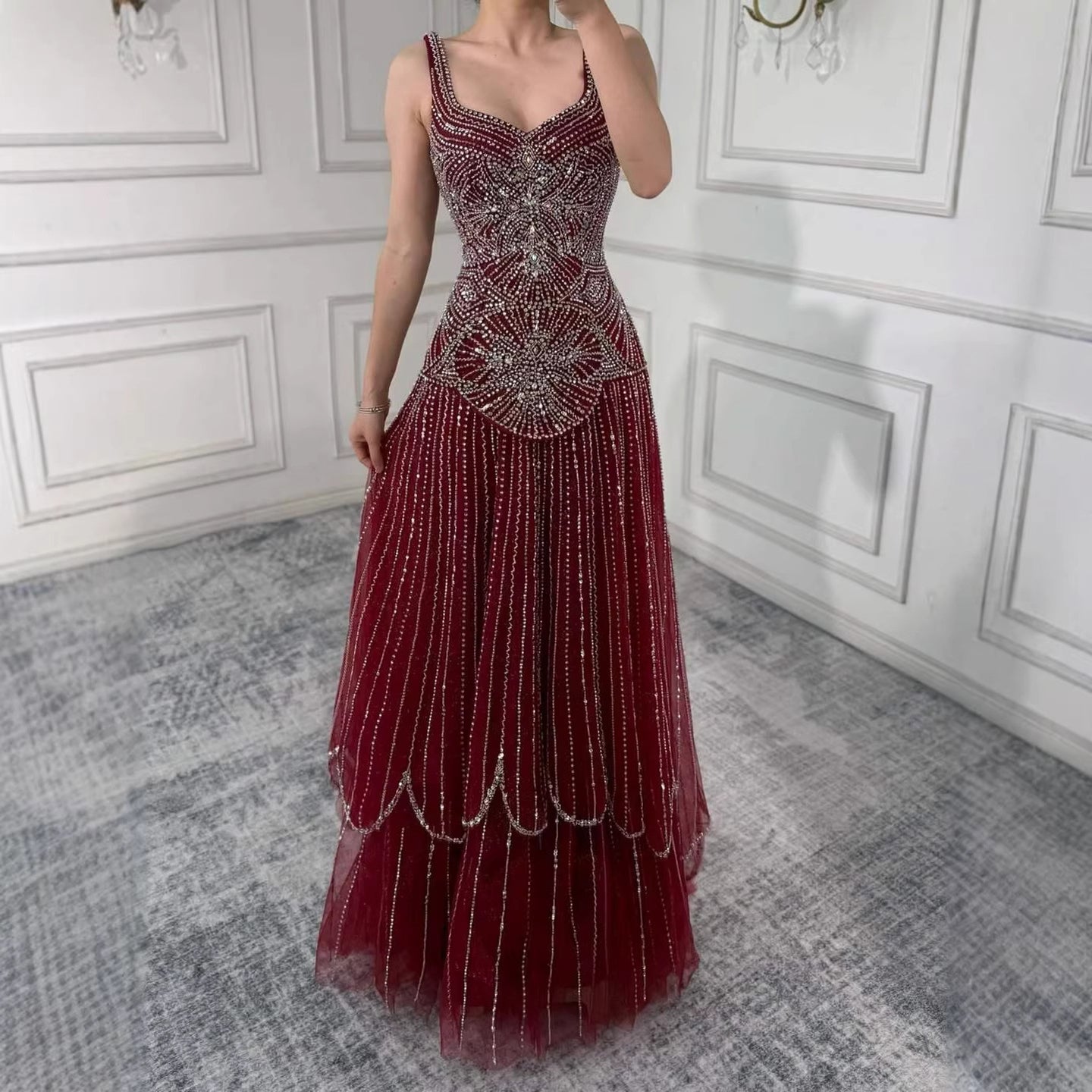 Luxury Nude Spaghetti Strap Beaded A-Line Evening Dress LA73189C