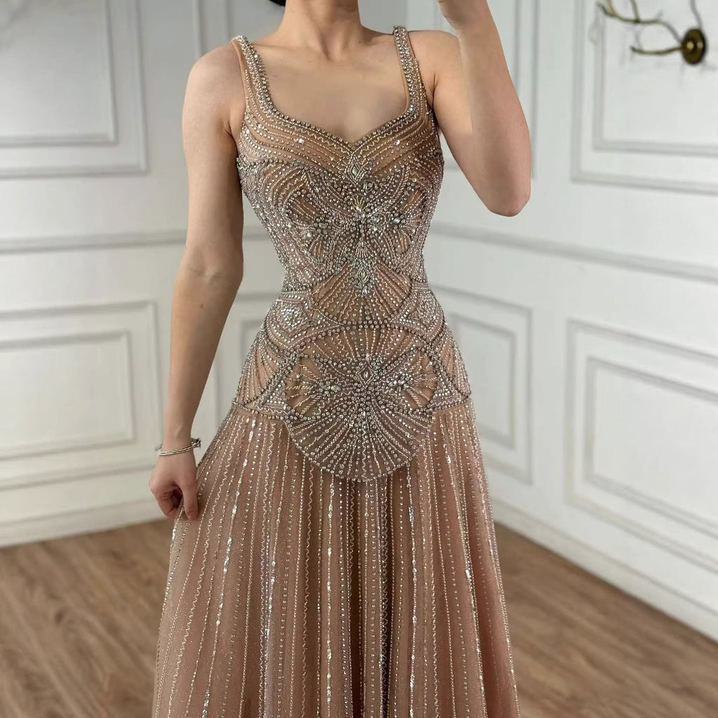 Luxury Nude Spaghetti Strap Beaded A-Line Evening Dress LA73189C