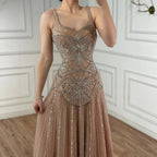 Luxury Nude Spaghetti Strap Beaded A-Line Evening Dress LA73189C