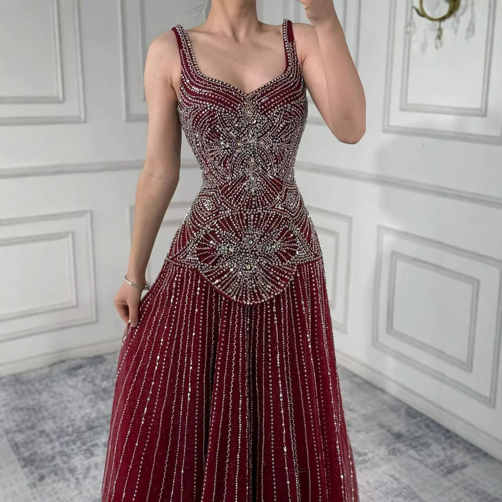 Luxury Nude Spaghetti Strap Beaded A-Line Evening Dress LA73189C