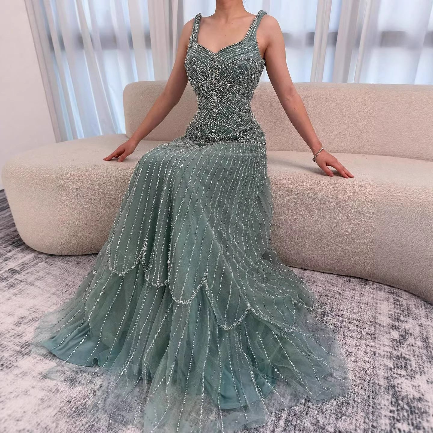 Luxury Nude Spaghetti Strap Beaded A-Line Evening Dress LA73189C