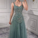 Luxury Nude Spaghetti Strap Beaded A-Line Evening Dress LA73189C