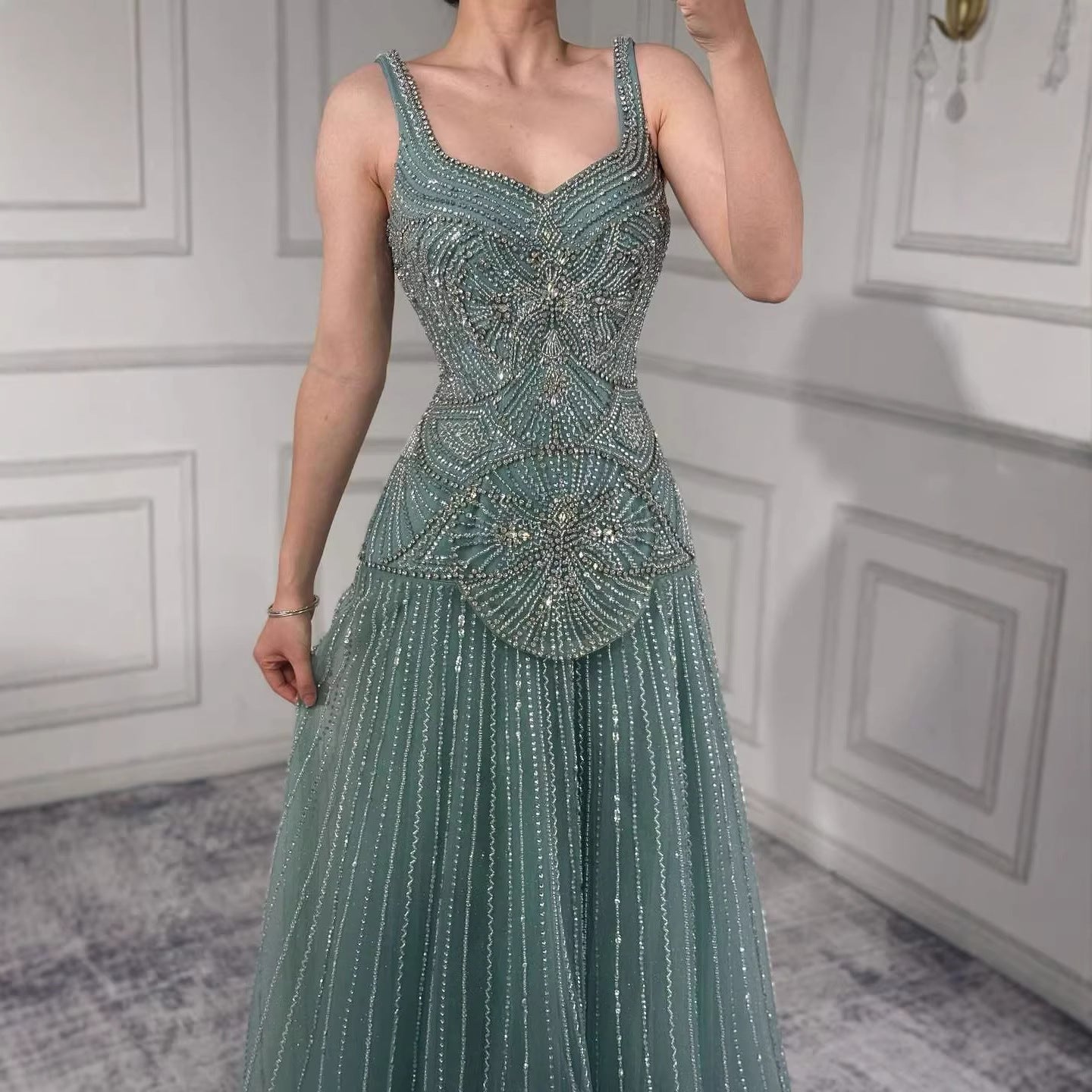 Luxury Nude Spaghetti Strap Beaded A-Line Evening Dress LA73189C